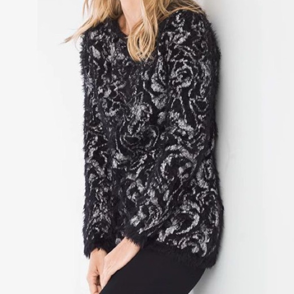 Chico’s Eyelash-Trim Jacquard Pullover Sweater